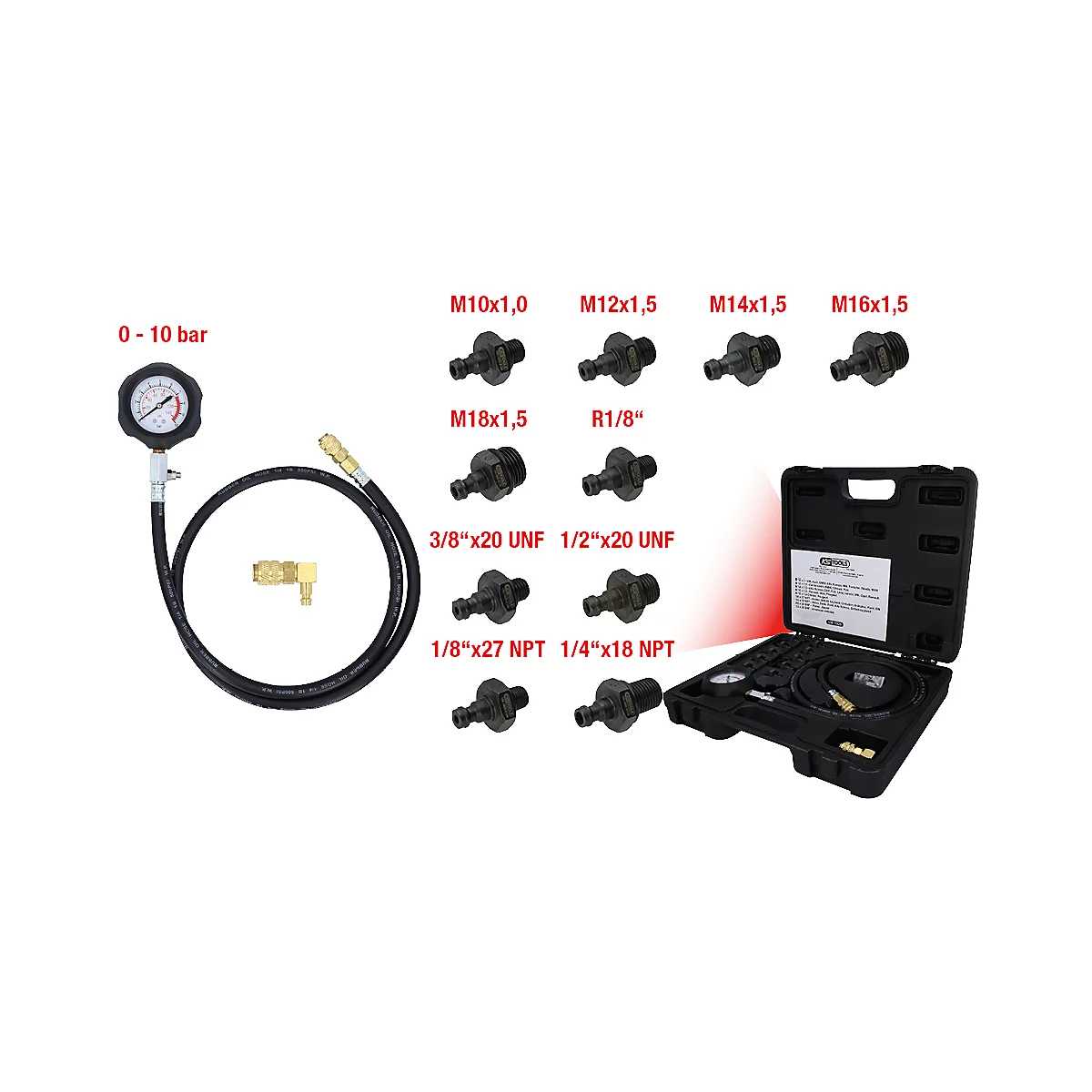Set mit Manometer und Adaptern in einer schwarzen Box.